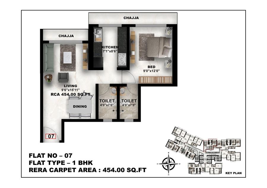 1 BHK Floor Plan - Flat 07 - 454 sq.ft