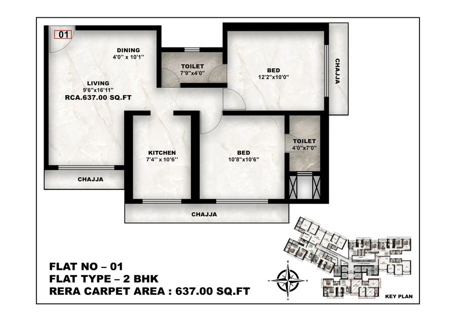 2 BHK Floor Plan - Flat 01 - 637 sq.ft