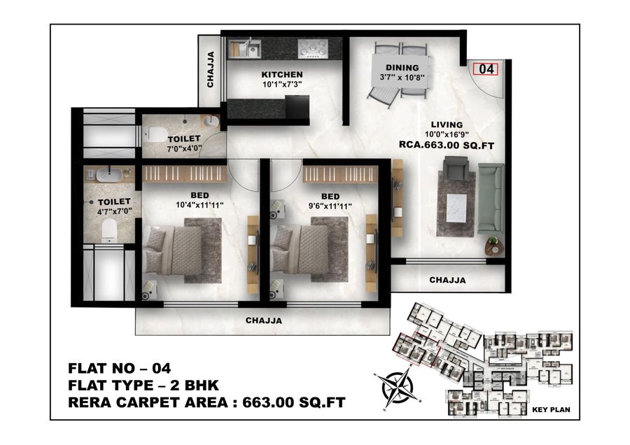 2 BHK Floor Plan - Flat 04 - 663 sq.ft