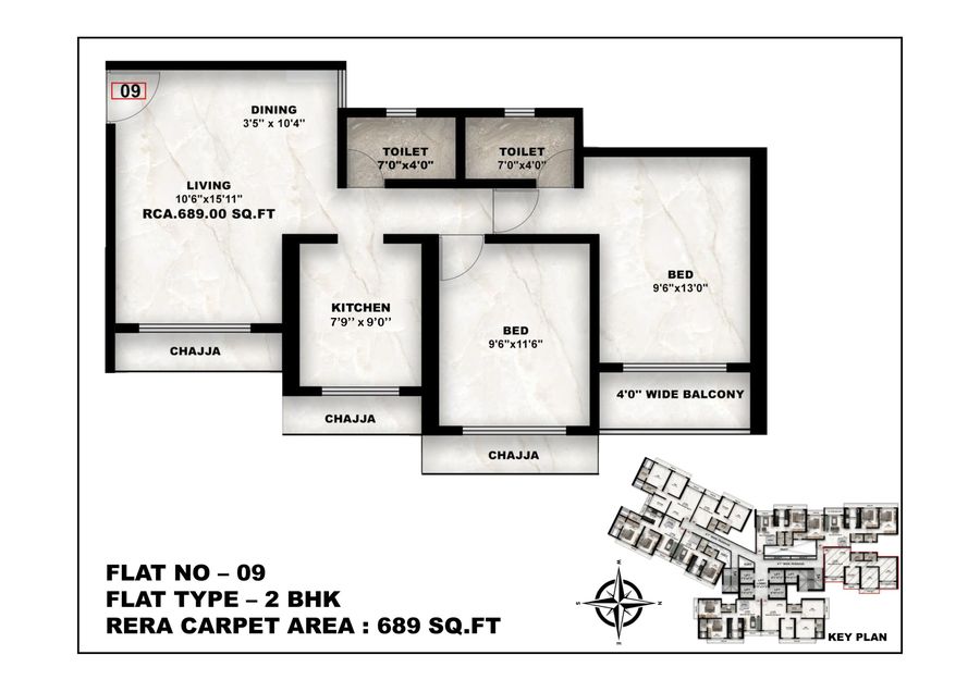 2 BHK Floor Plan - Flat 09 - 689 sq.ft