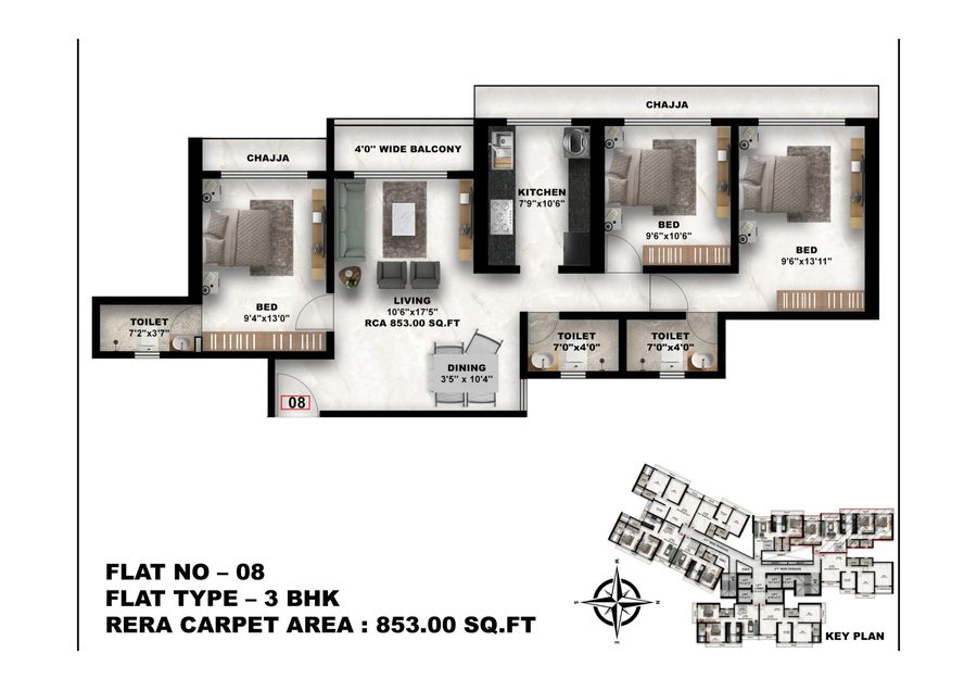 3 BHK Floor Plan - Flat 08 - 853 sq.ft